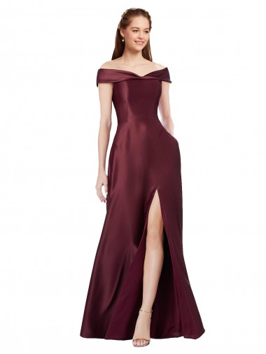 Online Long Off the Shoulder Formal Satin Bridesmaid Dress / Prom Dress with Thigh-high Slit UK