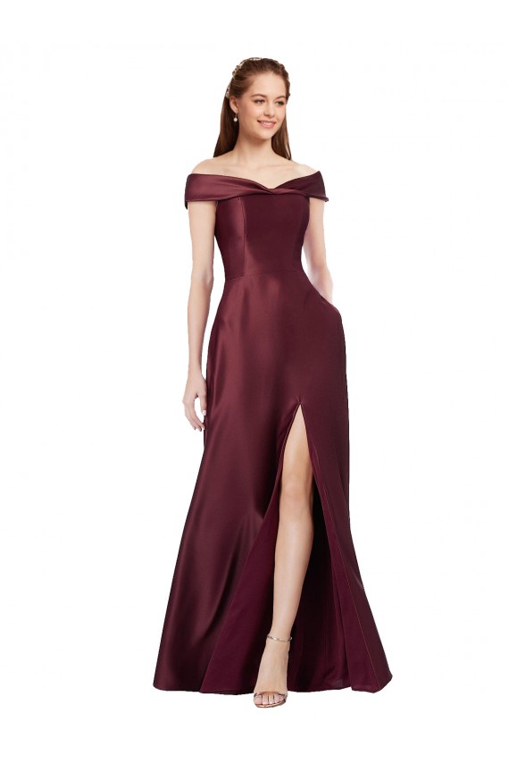 Online Long Off the Shoulder Formal Satin Bridesmaid Dress / Prom Dress with Thigh-high Slit UK