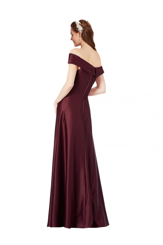 Online Long Off the Shoulder Formal Satin Bridesmaid Dress / Prom Dress with Thigh-high Slit UK