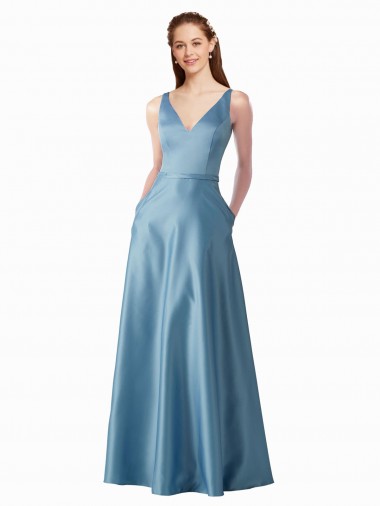 Online Classic Satin V-Neck A-Line Bridesmaids Dress with Pockets UK