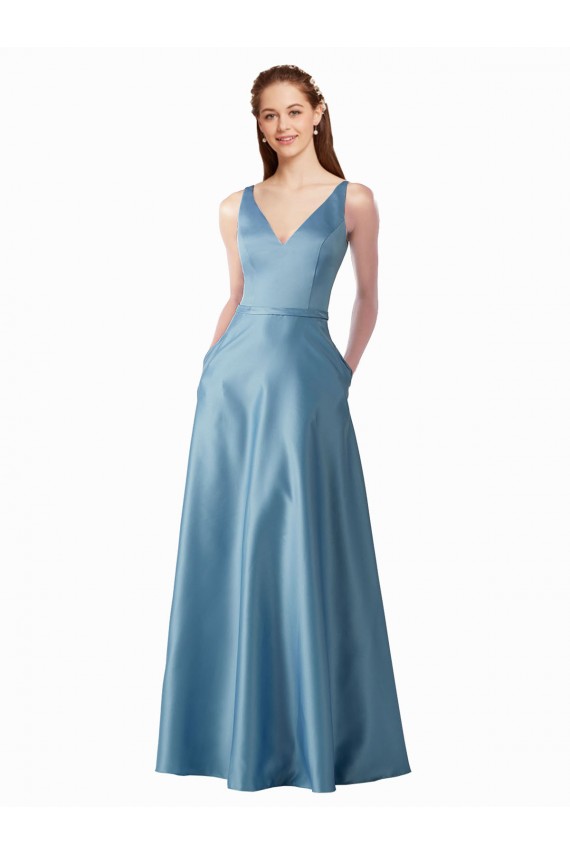 Online Classic Satin V-Neck A-Line Bridesmaids Dress with Pockets UK