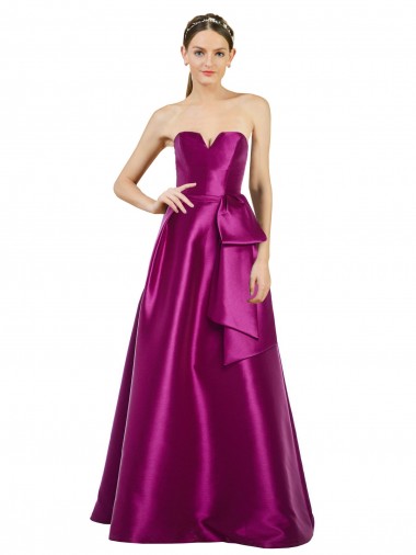 Online Sleeveless V-Neck Long Satin Bridesmaid Dress / Prom Dress with Bow Waist UK