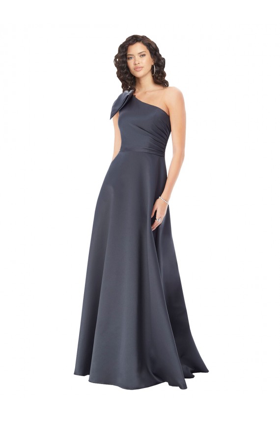 Online Rouched One Shoulder Floor Length Formal Satin Bridesmaid Dress / Prom Dress with Bow UK