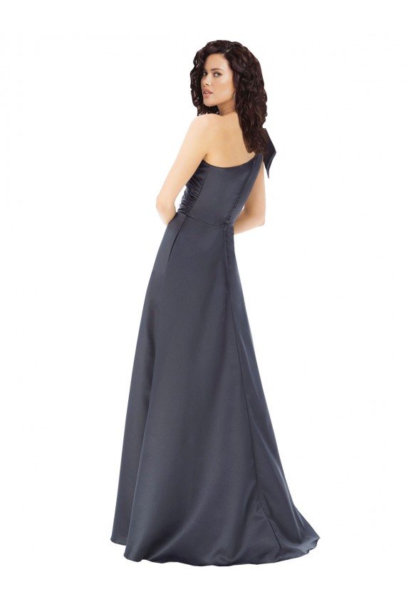 Online Rouched One Shoulder Floor Length Formal Satin Bridesmaid Dress / Prom Dress with Bow UK