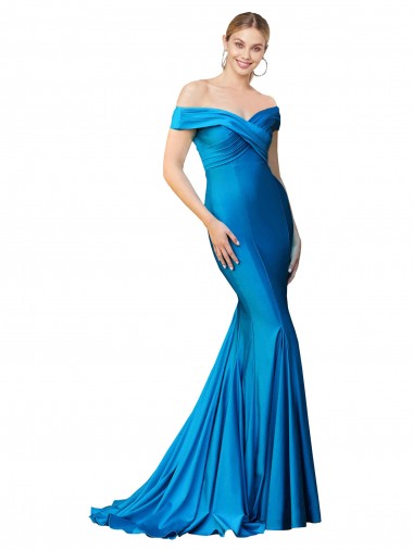 Online Off the Shoulder Long Chapel Train Formal Satin Bridesmaid Dress / Prom Dress UK