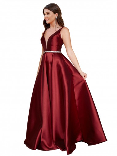 Online Sleeveless Deep V-Neck A-Line Formal Satin Bridesmaid Dress / Prom Dress with Pockets UK
