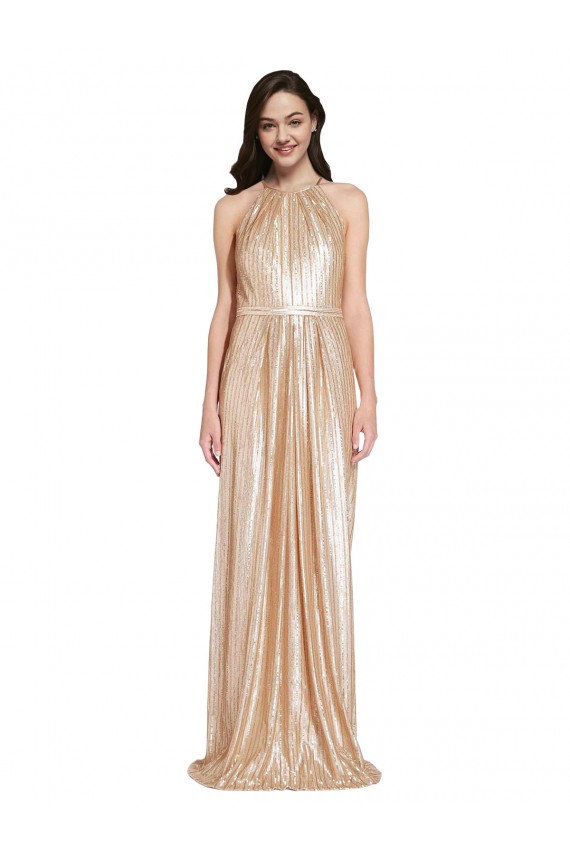 Online Floor Length Halter Neck Sparkling Formal Sequin Bridesmaid Dress / Prom Dress with Pleats UK
