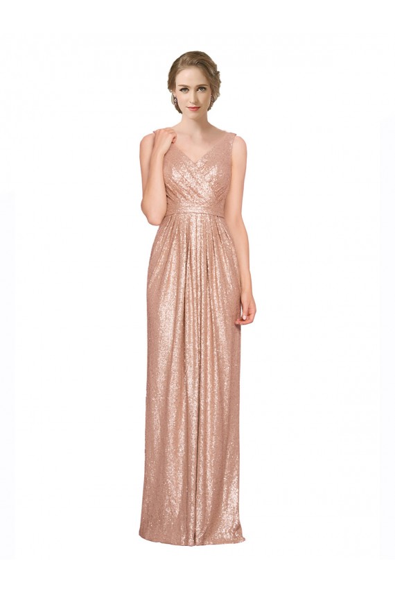 Online Draped V-Neck Striking Sheath Floor Length Formal Sequin Bridesmaid Dress / Prom Dress UK