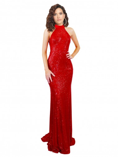 Online Halter High Neck Mermaid Open Back Formal Sequin Bridesmaid Dress / Prom Dress UK