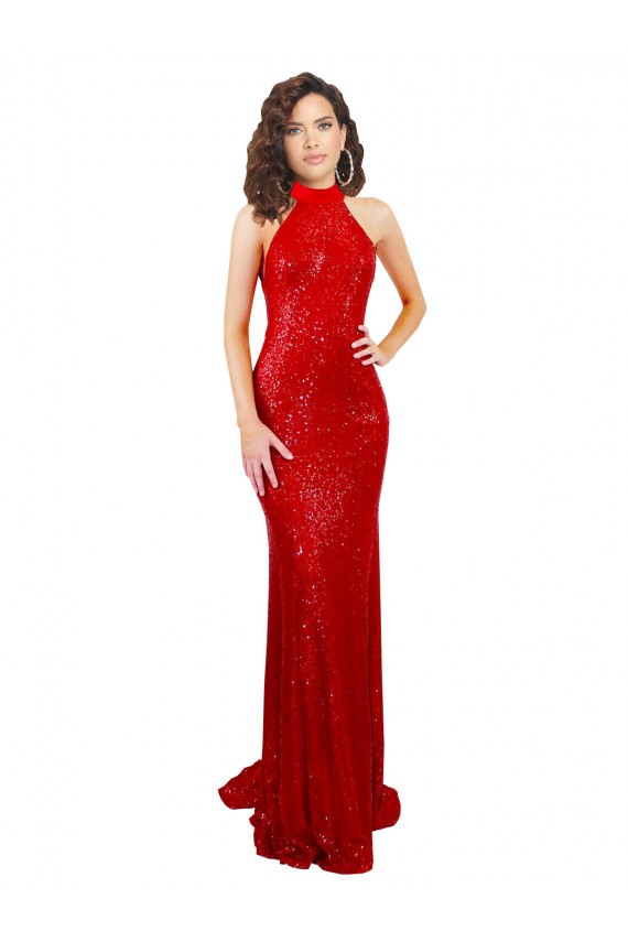 Online Halter High Neck Mermaid Open Back Formal Sequin Bridesmaid Dress / Prom Dress UK