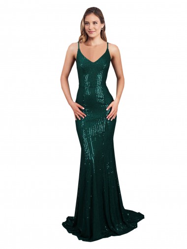 Online Fishtail Shaped V-Neck Open Back Long Formal Sequin Bridesmaid Dress / Prom Dress UK