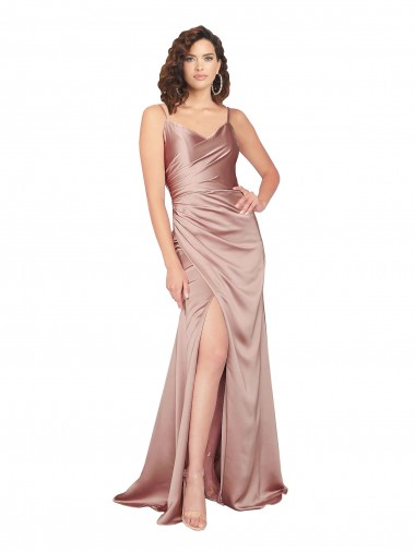 Online Floor Length Formal Silky Satin Bridesmaid Dress / Prom Dress with Front Skirt Slit UK