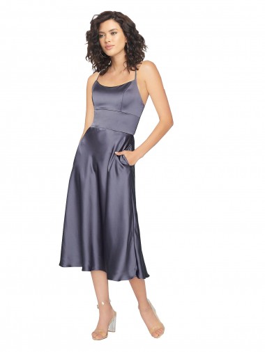 Online Midi Cocktail Length Silky Satin Bridesmaid Dress / Prom Dress with Open Tied Back & Pockets UK