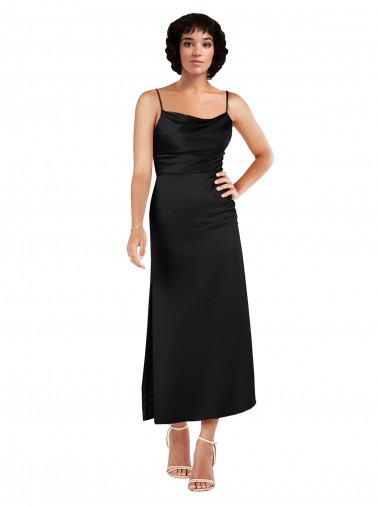 Online Cowl Neck Formal Tea-Length Short Silky Satin Bridesmaid Dress / Cocktail Prom Dress with Skirt Slit UK
