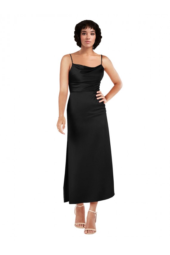 Online Cowl Neck Formal Tea-Length Short Silky Satin Bridesmaid Dress / Cocktail Prom Dress with Skirt Slit UK