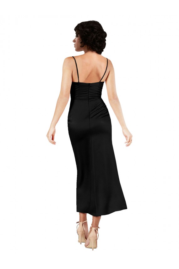 Online Cowl Neck Formal Tea-Length Short Silky Satin Bridesmaid Dress / Cocktail Prom Dress with Skirt Slit UK