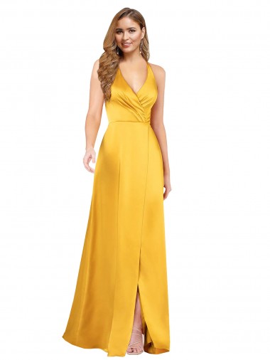 Online Halter A-Line Formal Silky Satin Bridesmaid Dress / Prom Dress with V-Neckline and Slit UK