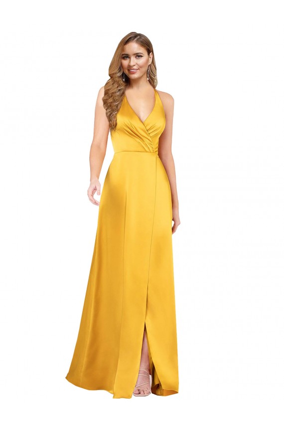 Online Halter A-Line Formal Silky Satin Bridesmaid Dress / Prom Dress with V-Neckline and Slit UK