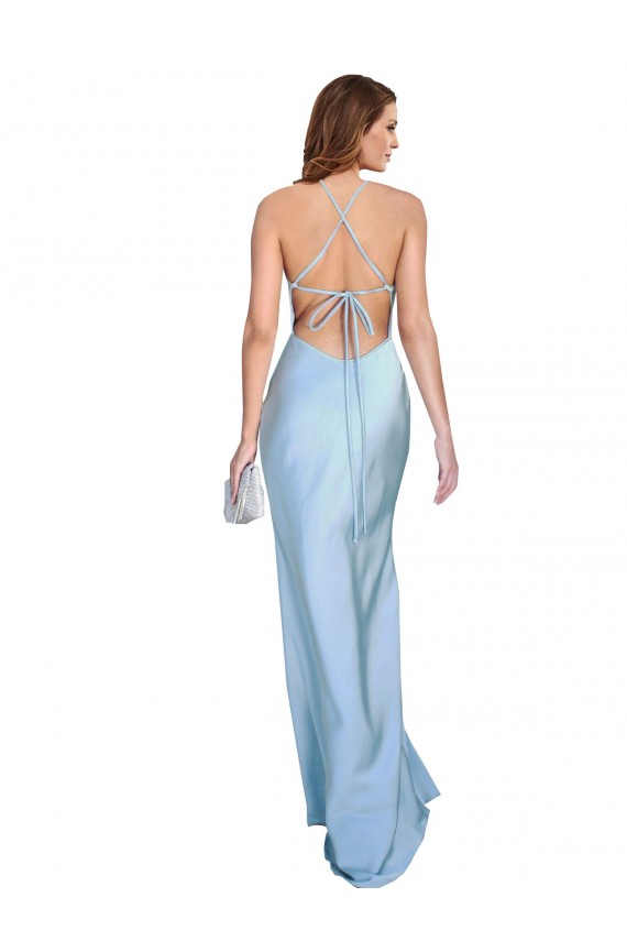 Online Open Back with Ties Cowl Neck Sheath Formal Silky Satin Long Bridessmaid Dress UK