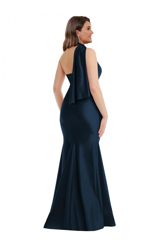 Online Scarf Neck One Shoulder Formal Silky Satin Mermaid Bridesmaid Dress / Prom Dress with Front Slit UK