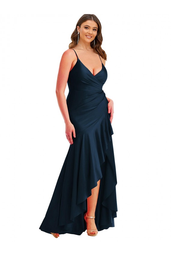 Online Pleated Wrap Ruffled High Low Formal Silky Satin Bridesmaid Dress / Prom Dress UK