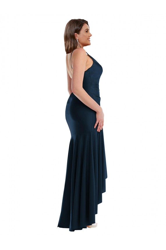 Online Pleated Wrap Ruffled High Low Formal Silky Satin Bridesmaid Dress / Prom Dress UK