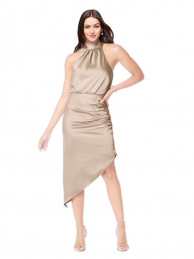 Online Silky Satin High Low Midi Cocktail Length Bridesmaid Dress / Prom Dress with Asymmetric Skirt UK