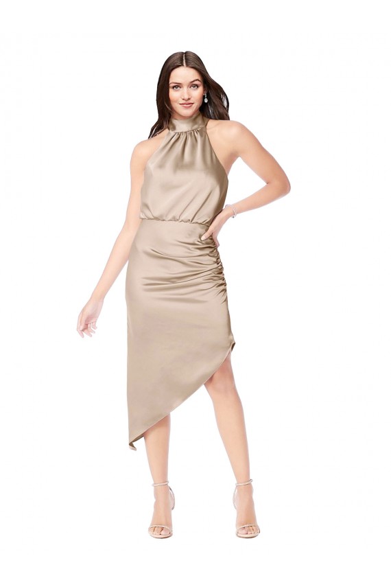 Online Silky Satin High Low Midi Cocktail Length Bridesmaid Dress / Prom Dress with Asymmetric Skirt UK