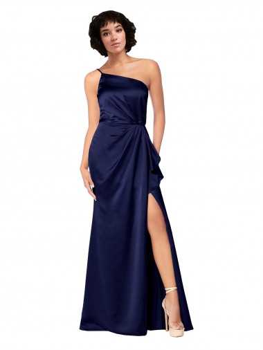 Online One Shoulder Formal Silky Satin Bridesmaid Dress / Prom Dress with Skirt Slit UK