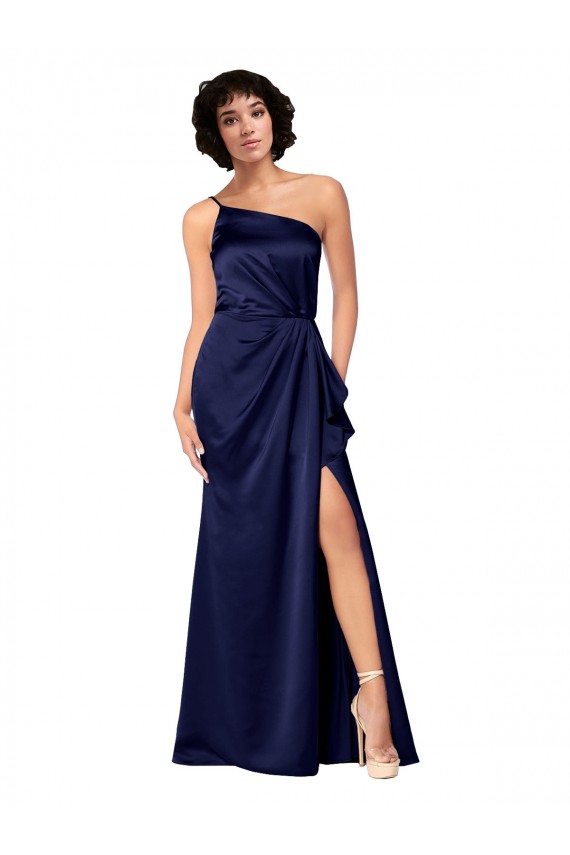 Online One Shoulder Formal Silky Satin Bridesmaid Dress / Prom Dress with Skirt Slit UK