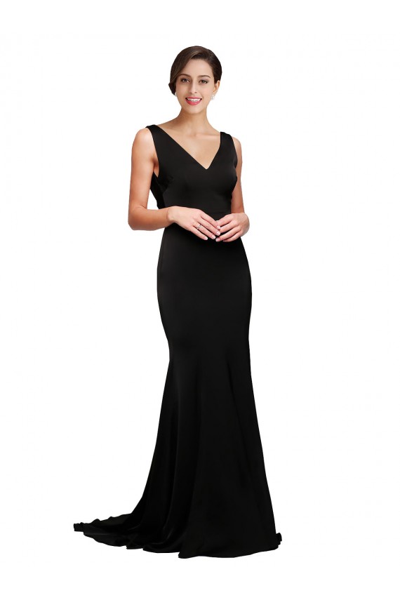 Online V-Neck Full Length Formal Silky Satin Bridesmaid Dress / Prom Dress with Soft Cowl Neck and Sweep Train UK