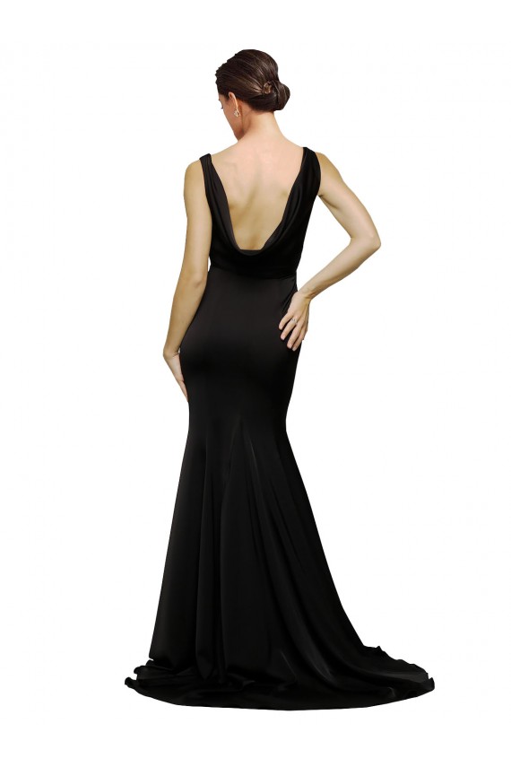 Online V-Neck Full Length Formal Silky Satin Bridesmaid Dress / Prom Dress with Soft Cowl Neck and Sweep Train UK