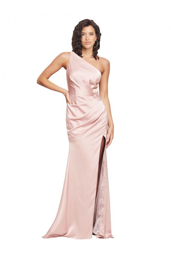 Online Full Length Ruched Formal Silky Satin Bridesmaid Dress / Prom Dress with Low Back and High Split UK