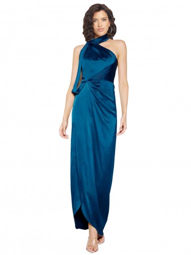 Online High Halter Neck Formal Silky Satin Bridesmaid Dress / Prom Dress with Sash Overlay and Side Split UK