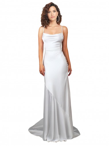 Online Simple Lace Up Back Cowl Neck Long Sweep Train Silky Satin Beach Wedding Dress UK