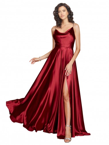 Online Cowl Neckline Long Formal Silky Satin Bridesmaid Dress / Prom Dress with Spaghetti Straps UK