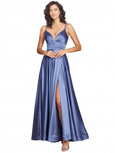 Online Deep V-Neck Sweetheart Long Formal Silky Satin Bridesmaid Dress / Prom Dress with Thigh High Slit UK
