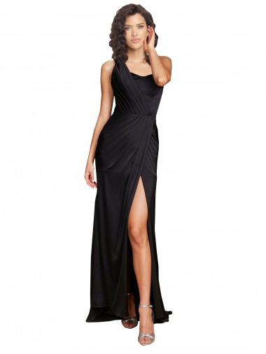 Online Full Length One Shoulder Ruffled Long Formal Silky Satin Bridesmaid Dress / Prom Dress with High Slit UK
