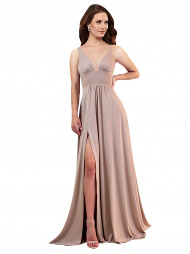 Online Long A-Line Plunge V-Neckline Formal Spandex Bridesmaid Dress / Prom Dress with Slit UK