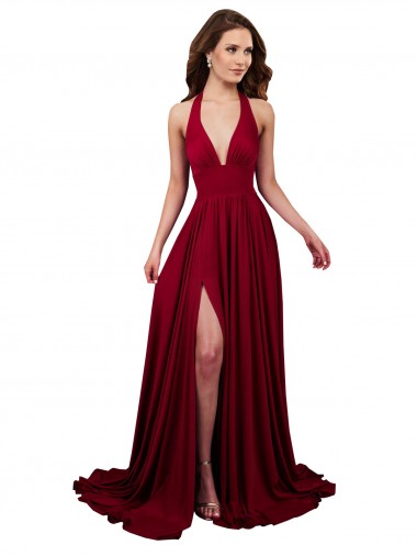Online A-Line Halter Plunge V-Neckline Open Back Formal Spandex Bridesmaid Dress / Prom Dress with Slit UK