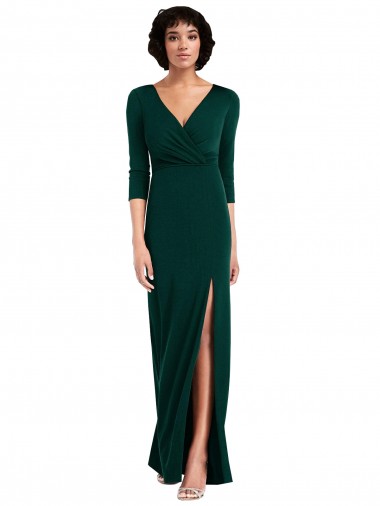 Online Floor Length 3/4 Sleeves V-Back Draped Wrap Formal Maxi Spandex Bridesmaid Dress / Prom Dress UK