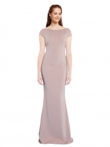 Online Boat Neck Cap Sleeve Formal Crepe Bridesmaid Dress / Prom Dress with Plunging Tie Back UK