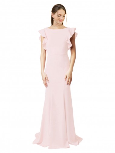 Online Low V-Back Long Mermaid Crepe Bridesmaid Dress / Prom Dress with Ruffled Sleeves UK