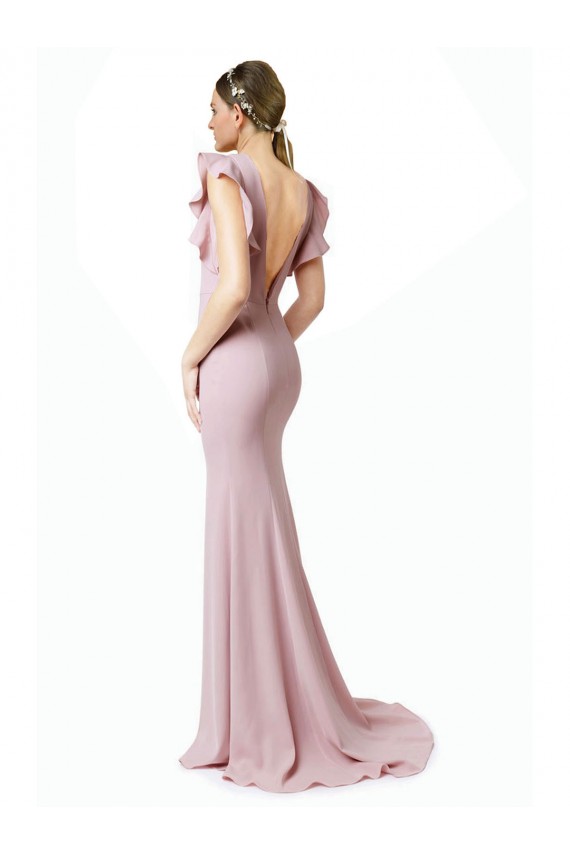 Online Low V-Back Long Mermaid Crepe Bridesmaid Dress / Prom Dress with Ruffled Sleeves UK