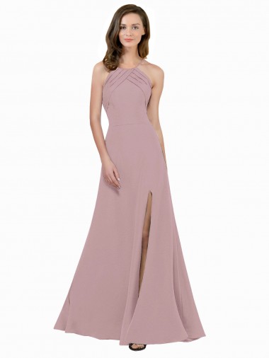 Online High Neck Crepe Bridesmaid Dress / Prom Dress with Pleats and Keyhole Back UK