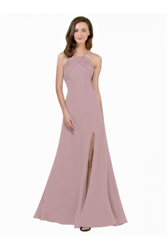 Online High Neck Crepe Bridesmaid Dress / Prom Dress with Pleats and Keyhole Back UK