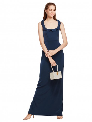 Online Scoop Neck with Ruffles Long Formal Crepe Bridesmaid Dress / Prom Dress with Back Slit UK