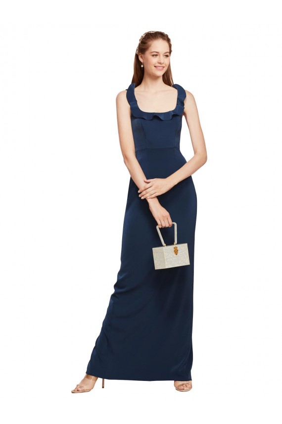 Online Scoop Neck with Ruffles Long Formal Crepe Bridesmaid Dress / Prom Dress with Back Slit UK