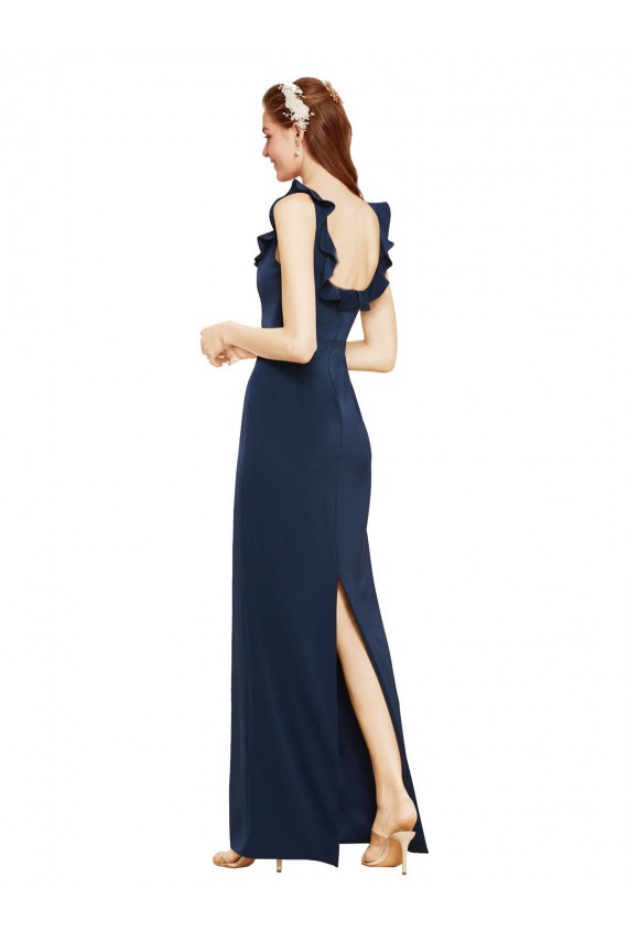 Online Scoop Neck with Ruffles Long Formal Crepe Bridesmaid Dress / Prom Dress with Back Slit UK