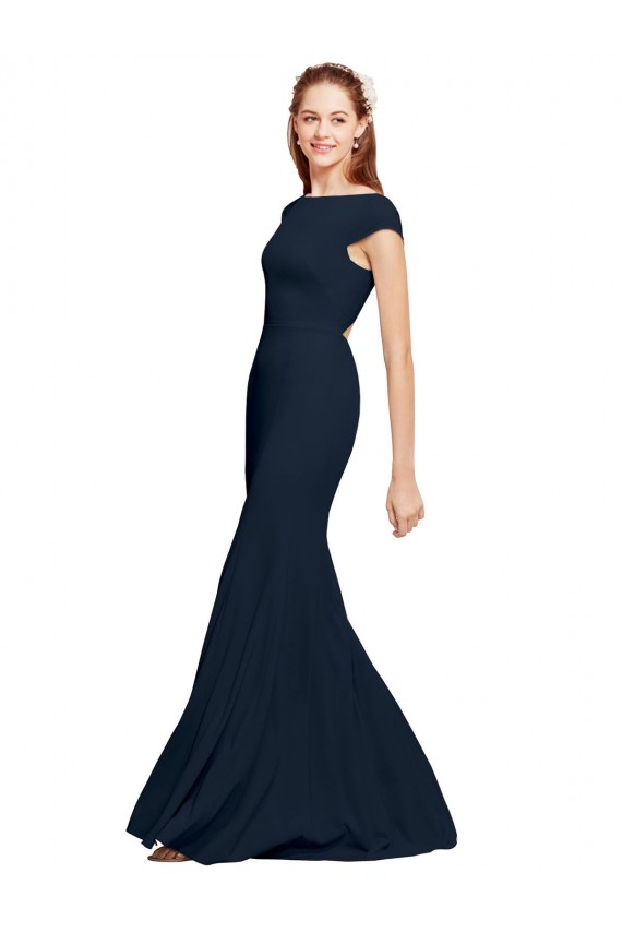 Online Fit and Flare Long Formal Crepe Bridesmaid Dress / Prom Dress with Tie Open Back UK